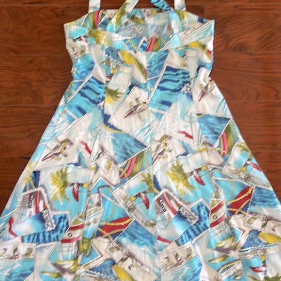 Depeche Mode White and Blue Sleeveless Vacation Palm Tree Boat Summer Dress - Picture 9 of 12